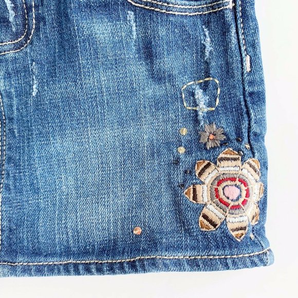 Denim Embroidered Embellished Distressed Skirt 5 - Picture 5 of 8